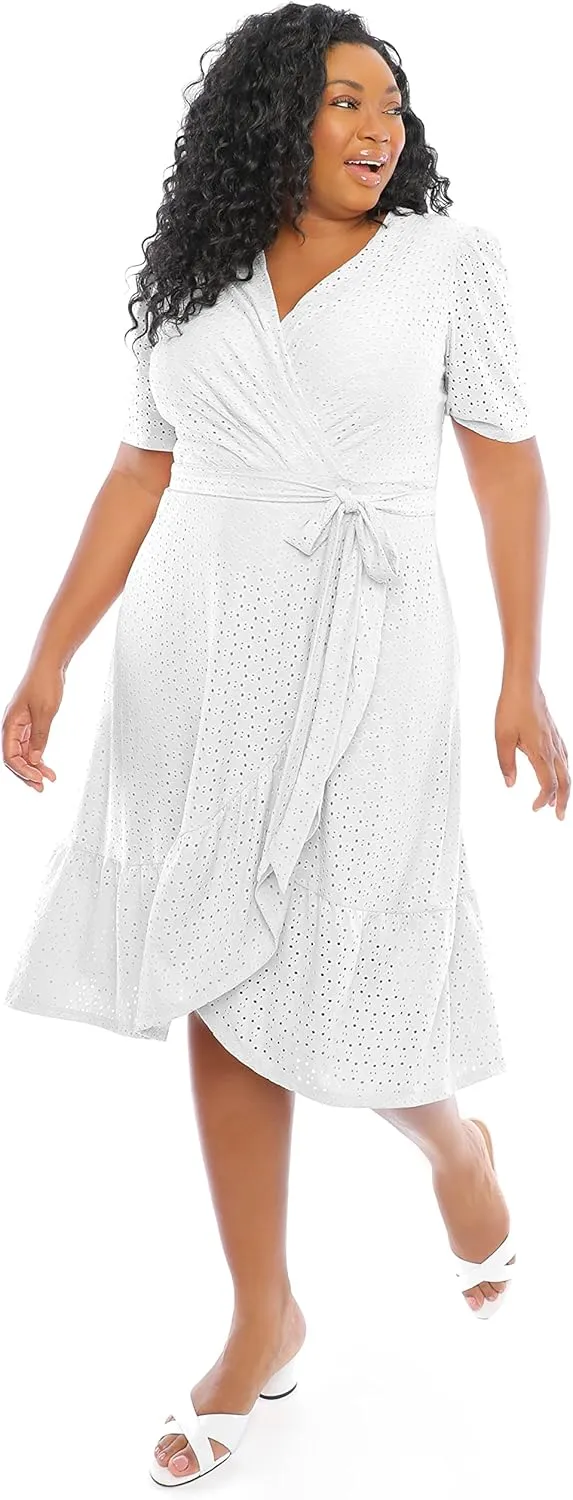 London Times Women's Short Sleeve Ruffle Wrap Dress