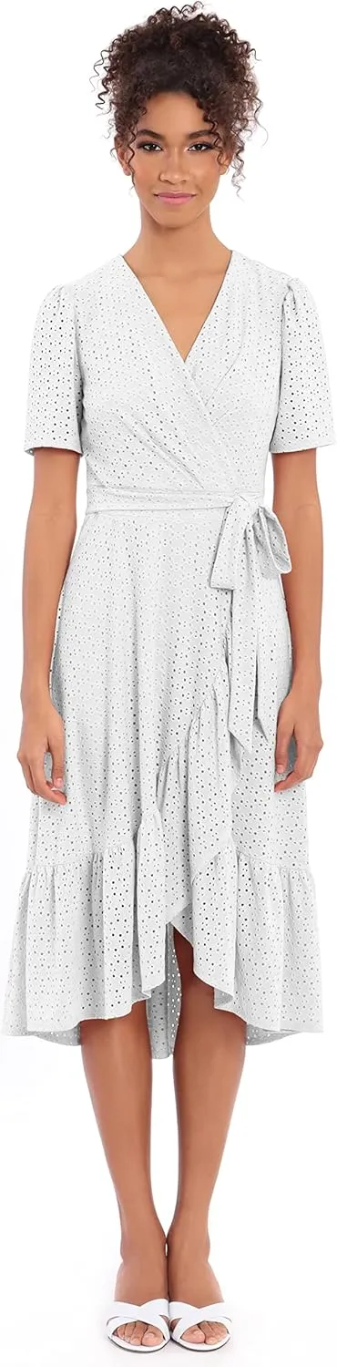 London Times Women's Short Sleeve Ruffle Wrap Dress