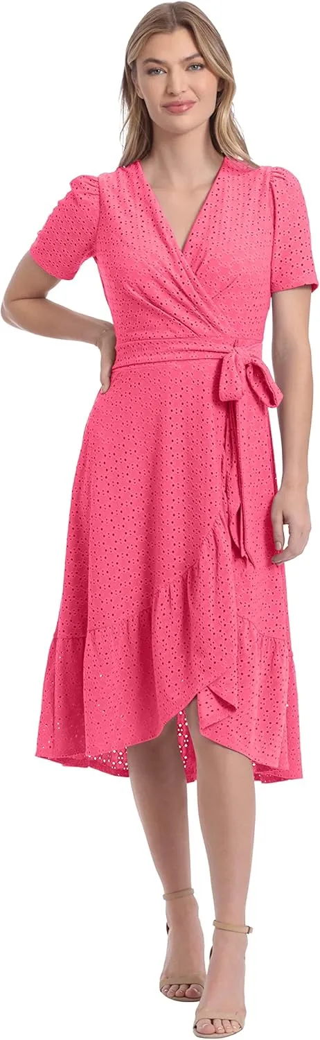 London Times Women's Short Sleeve Ruffle Wrap Dress