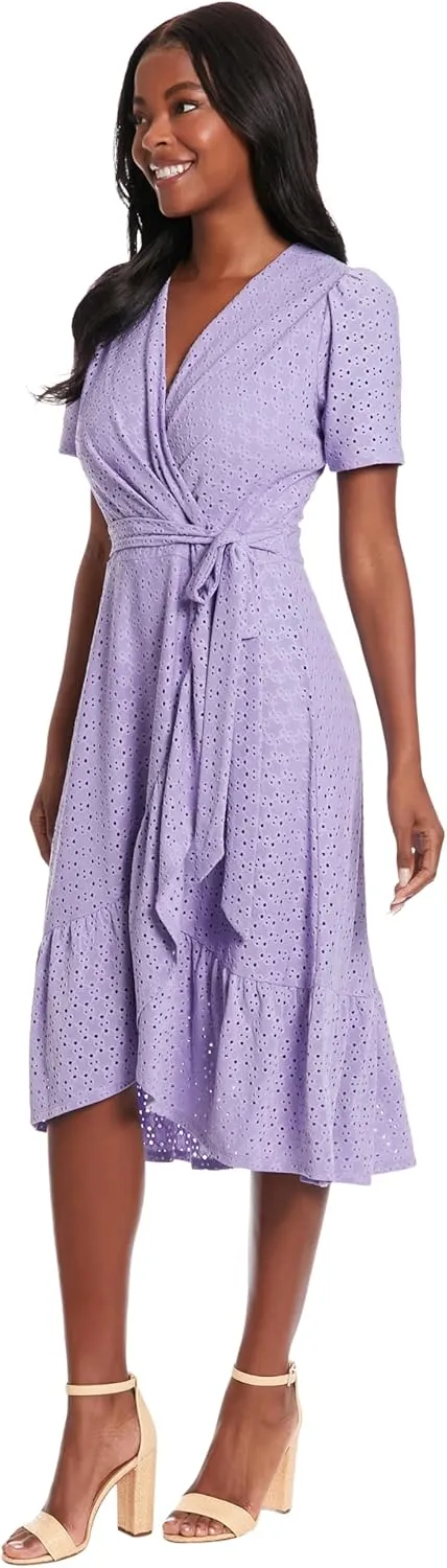 London Times Women's Short Sleeve Ruffle Wrap Dress