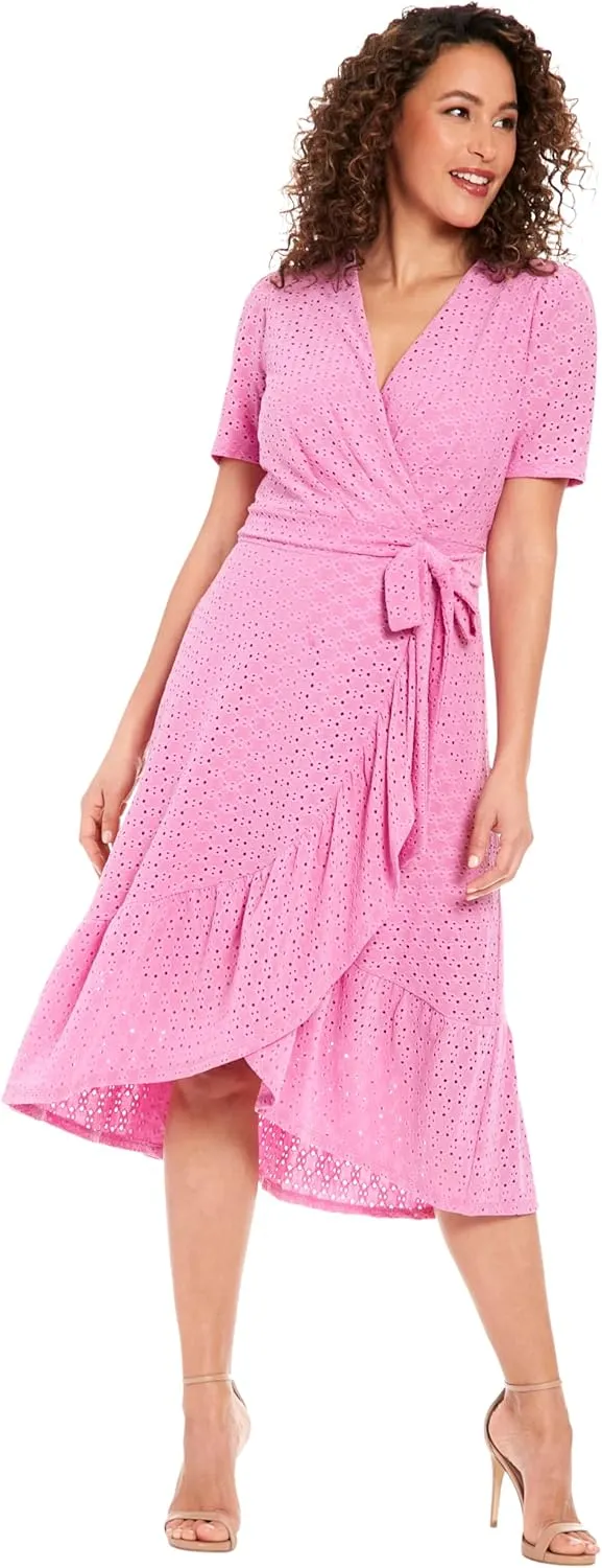London Times Women's Short Sleeve Ruffle Wrap Dress