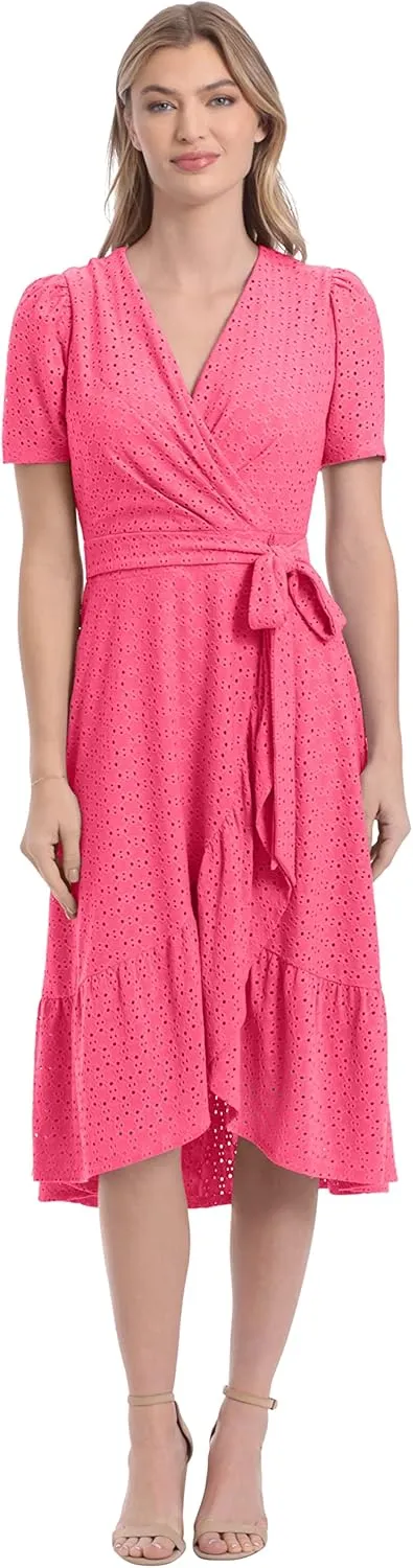 London Times Women's Short Sleeve Ruffle Wrap Dress