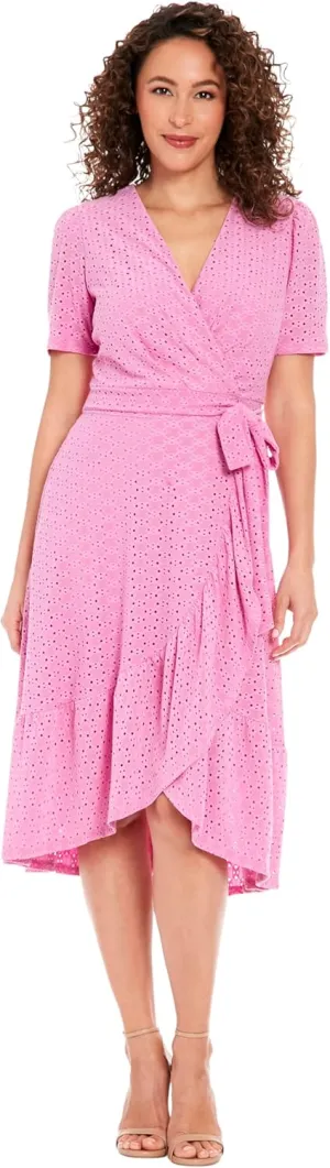 London Times Women's Short Sleeve Ruffle Wrap Dress