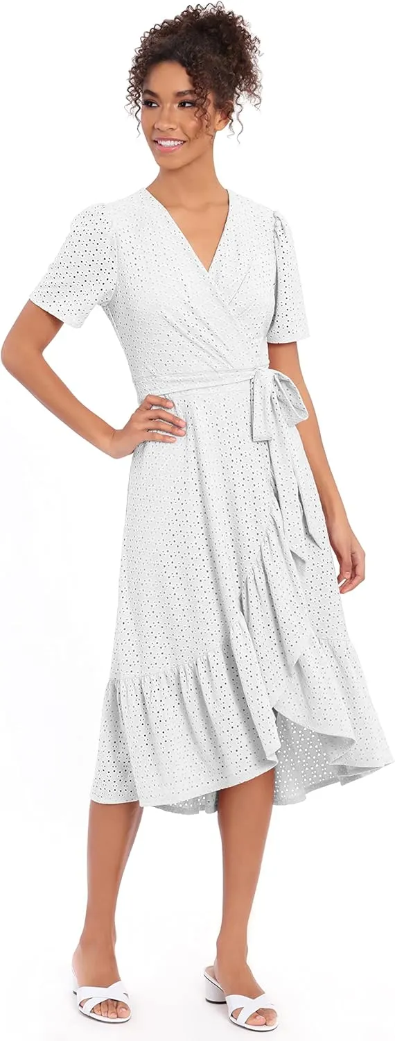 London Times Women's Short Sleeve Ruffle Wrap Dress