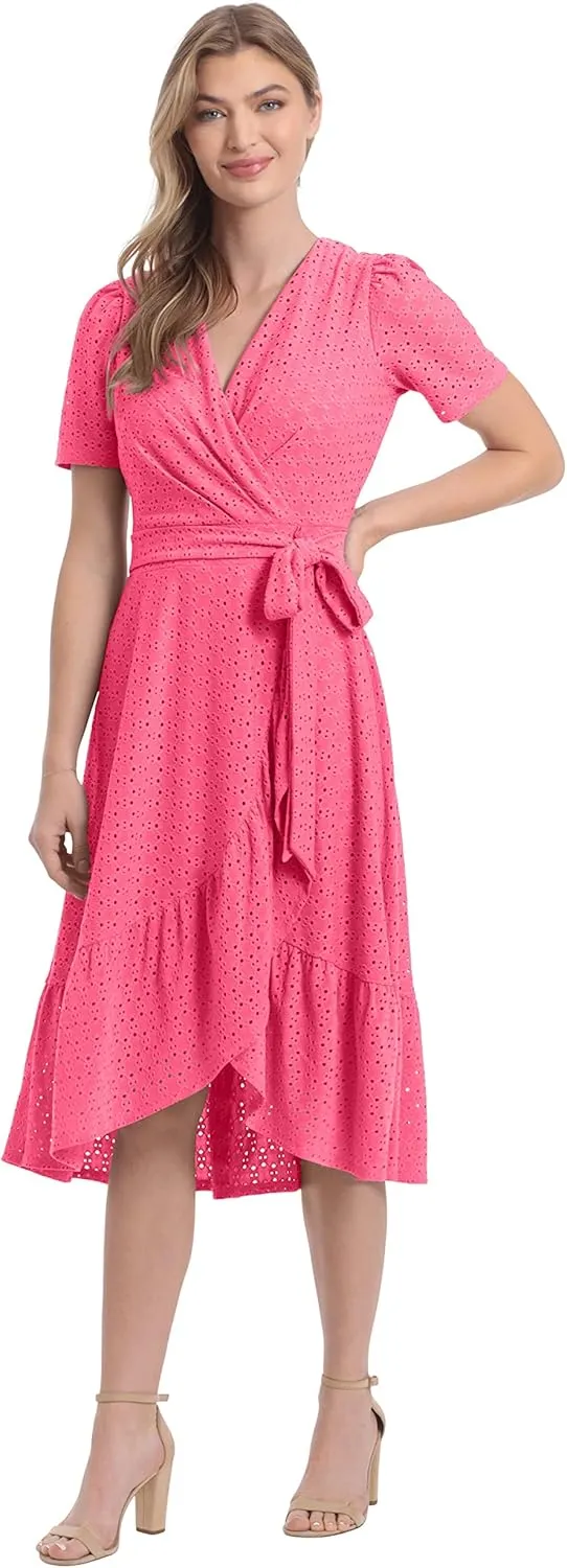 London Times Women's Short Sleeve Ruffle Wrap Dress