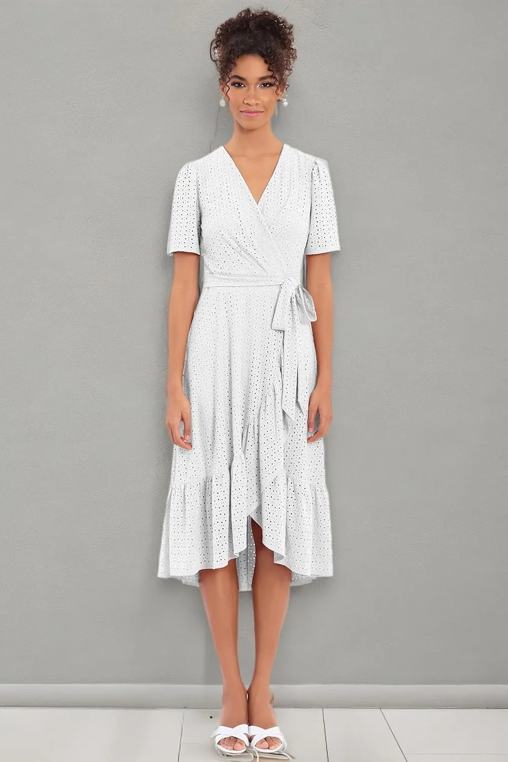 London Times Women's Short Sleeve Ruffle Wrap Dress