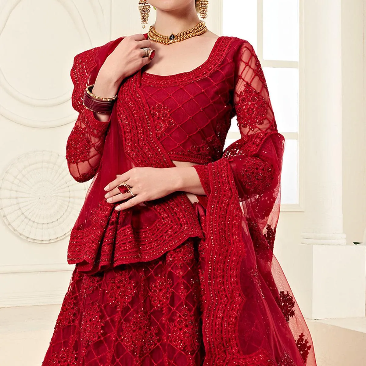 Lovely Red Colored Cording Embroidery Wedding Wear Net Lehenga Choli
