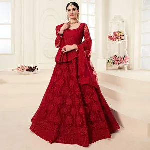 Lovely Red Colored Cording Embroidery Wedding Wear Net Lehenga Choli