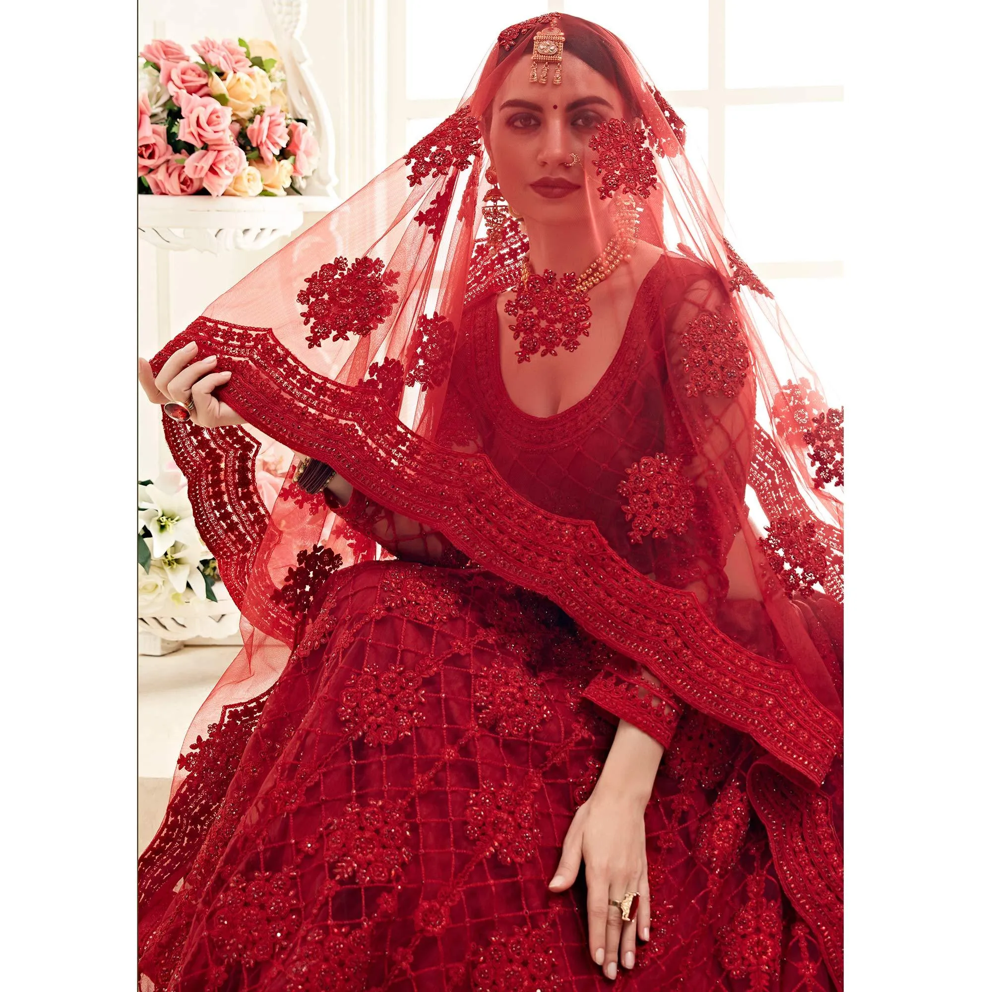 Lovely Red Colored Cording Embroidery Wedding Wear Net Lehenga Choli