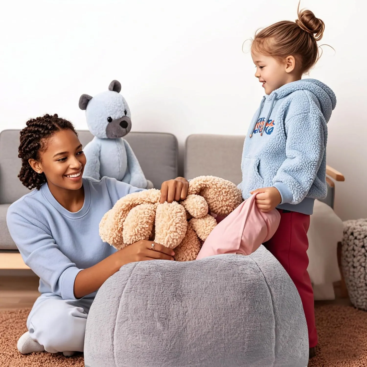 LPMOERA Bean Bag Chair Cover for Kids(No Filler) Stuffed Animal Storage Fluffy Faux Fur Bean Bag Chair for Toddler Kids Snow Grey