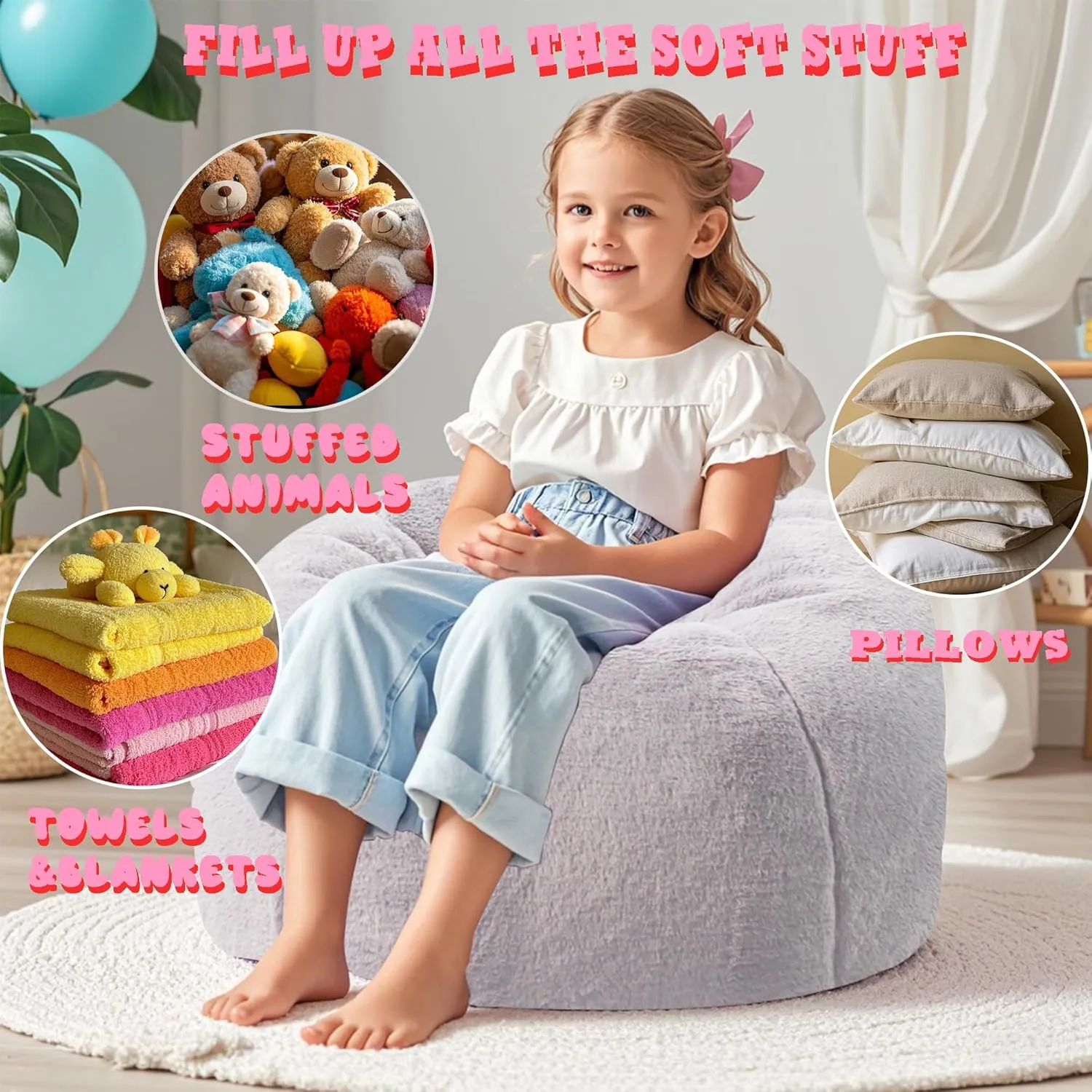 LPMOERA Bean Bag Chair Cover for Kids(No Filler) Stuffed Animal Storage Fluffy Faux Fur Bean Bag Chair for Toddler Kids Snow Grey