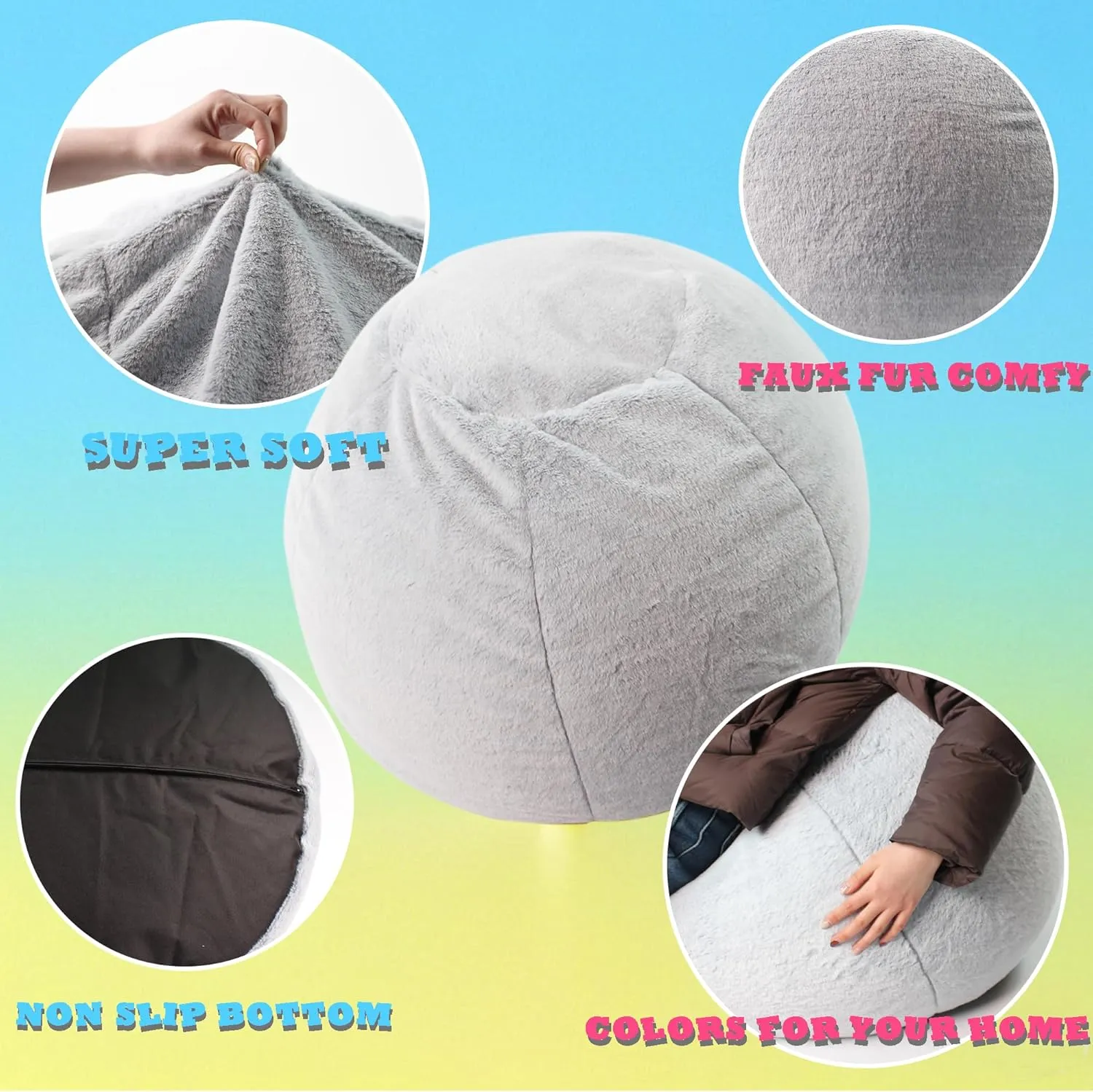 LPMOERA Bean Bag Chair Cover for Kids(No Filler) Stuffed Animal Storage Fluffy Faux Fur Bean Bag Chair for Toddler Kids Snow Grey