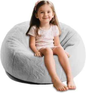 LPMOERA Bean Bag Chair Cover for Kids(No Filler) Stuffed Animal Storage Fluffy Faux Fur Bean Bag Chair for Toddler Kids Snow Grey