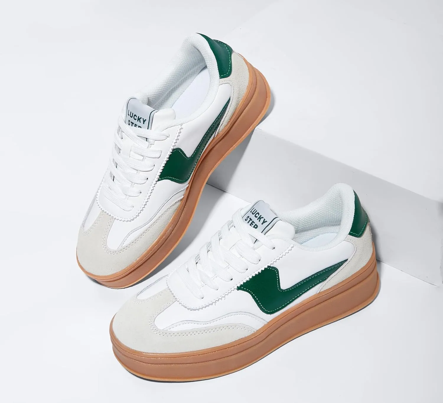 LUCKY STEP Women's Platform Fashion Sneakers Thick Sole Suede Genuine Leather Classic Rubber Gum Sole Low Top Casual Walking Shoes