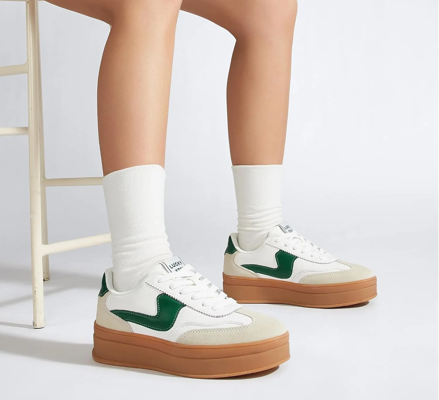 LUCKY STEP Women's Platform Fashion Sneakers Thick Sole Suede Genuine Leather Classic Rubber Gum Sole Low Top Casual Walking Shoes