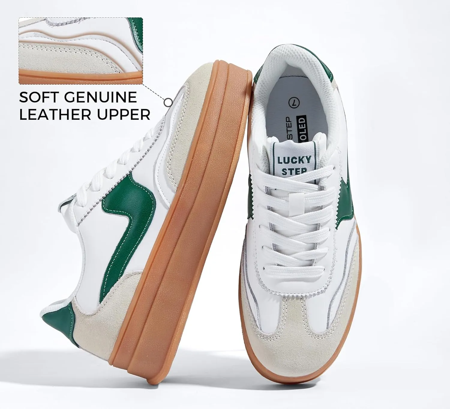 LUCKY STEP Women's Platform Fashion Sneakers Thick Sole Suede Genuine Leather Classic Rubber Gum Sole Low Top Casual Walking Shoes