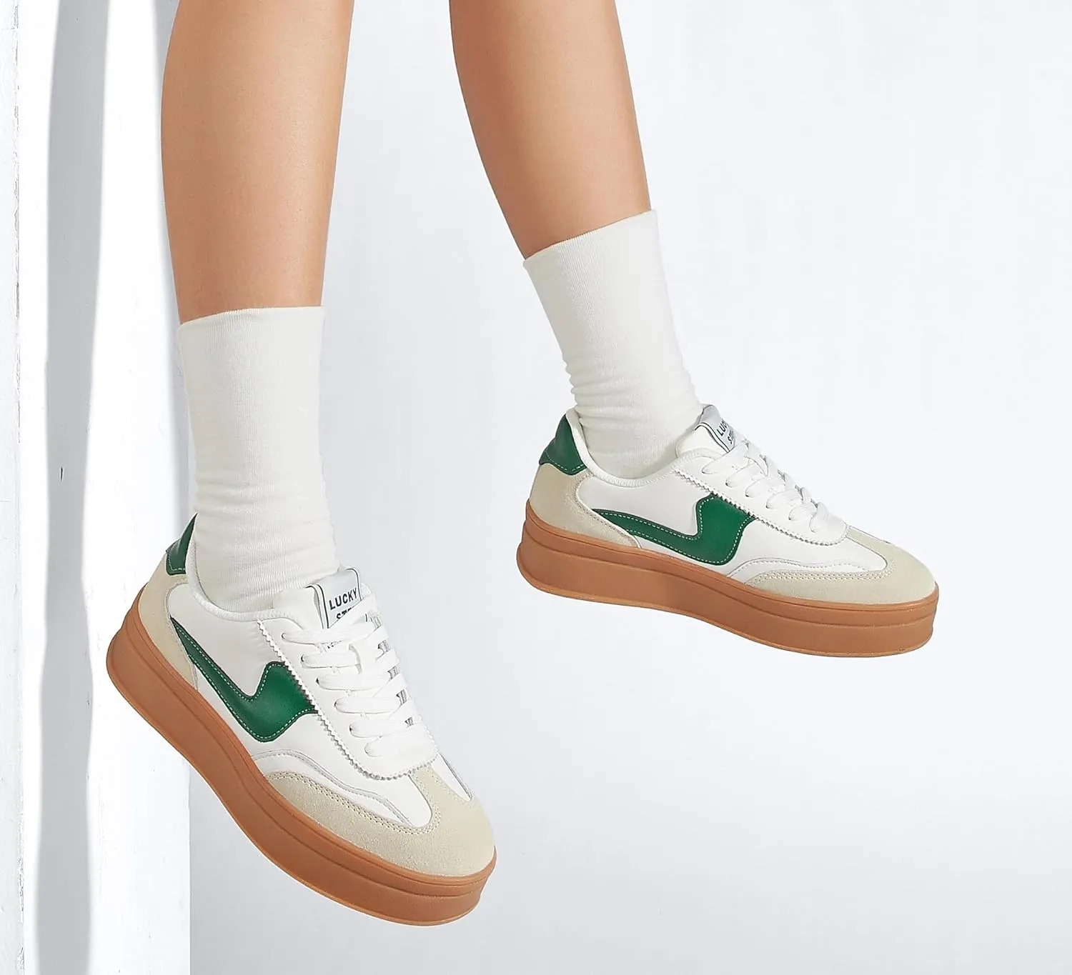 LUCKY STEP Women's Platform Fashion Sneakers Thick Sole Suede Genuine Leather Classic Rubber Gum Sole Low Top Casual Walking Shoes