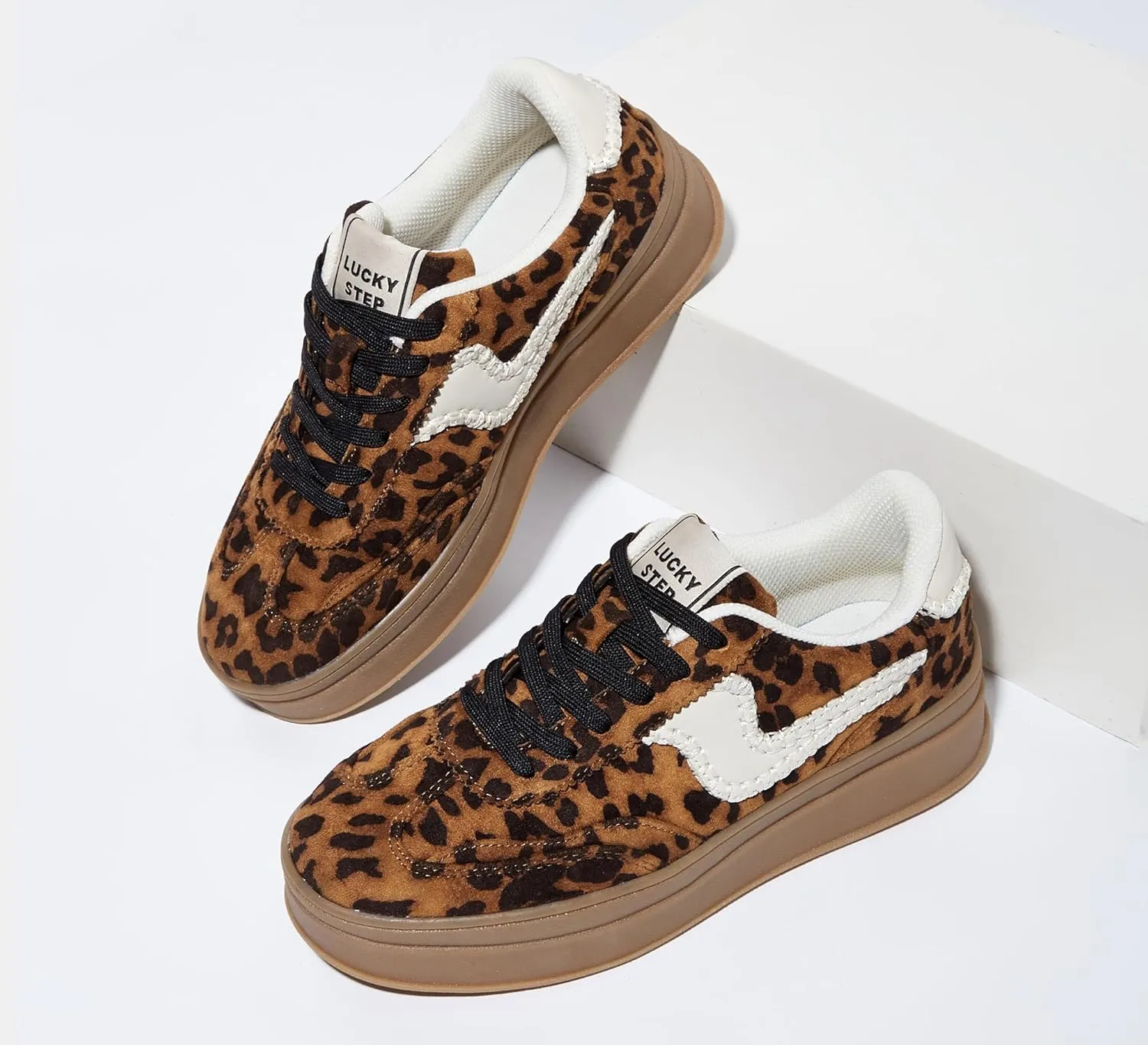 LUCKY STEP Women's Platform Fashion Sneakers Thick Sole Suede Genuine Leather Classic Rubber Gum Sole Low Top Casual Walking Shoes