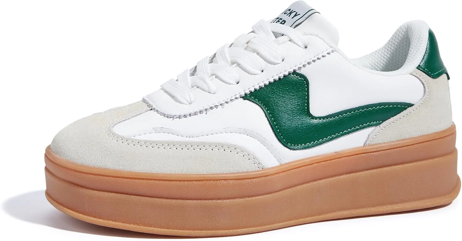 LUCKY STEP Women's Platform Fashion Sneakers Thick Sole Suede Genuine Leather Classic Rubber Gum Sole Low Top Casual Walking Shoes