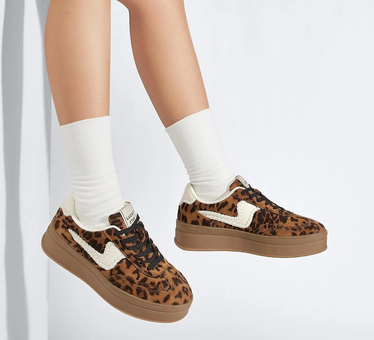 LUCKY STEP Women's Platform Fashion Sneakers Thick Sole Suede Genuine Leather Classic Rubber Gum Sole Low Top Casual Walking Shoes
