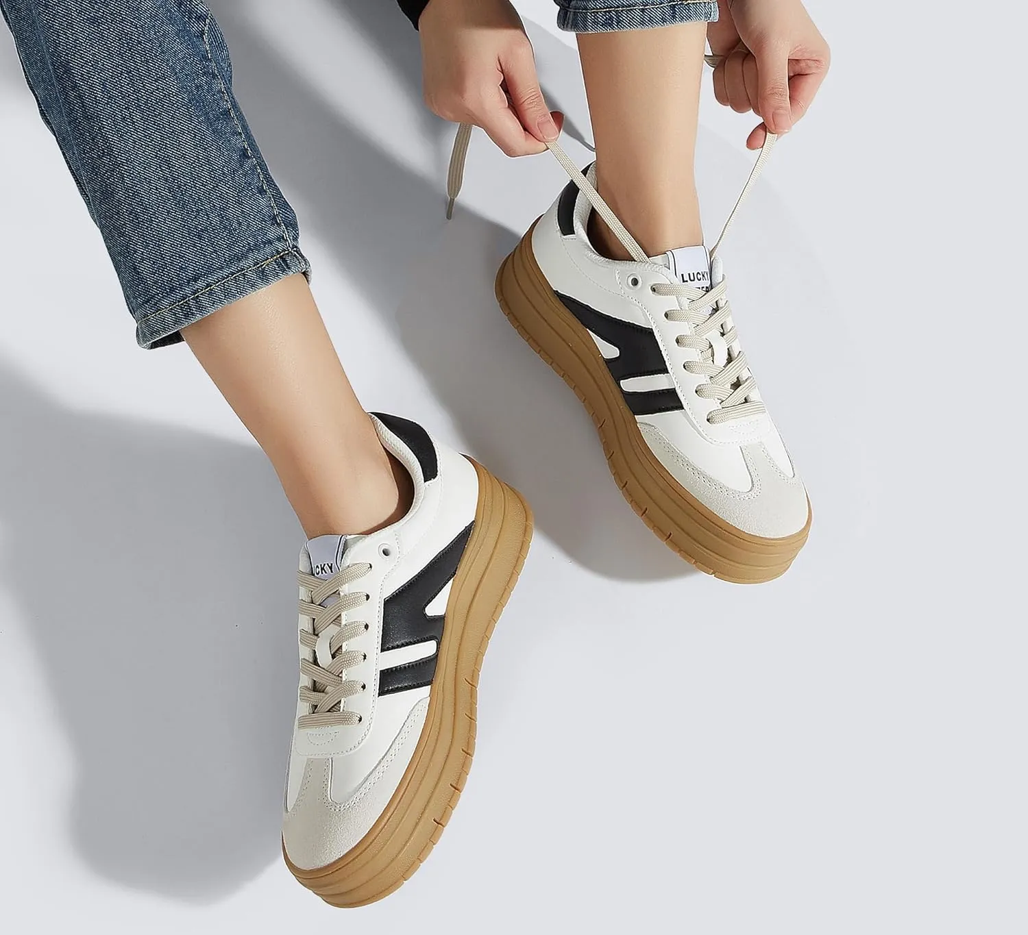 LUCKY STEP Women's Platform Gum Thick Sole Fashion Sneakers Classic Retro Rubber Low Top Casual Tennis Skate Walking Shoes