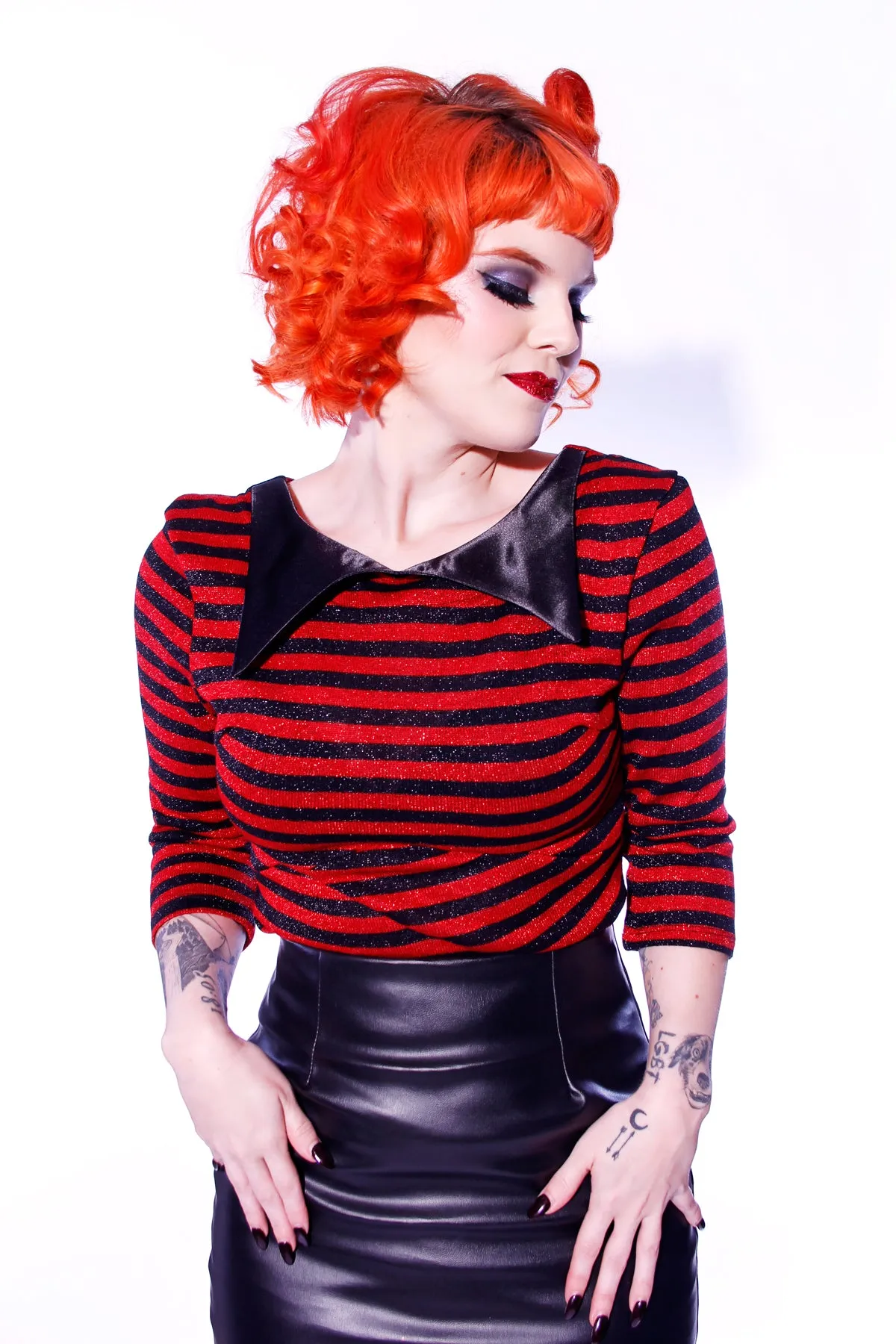 Lurex Striped Knit Collar top