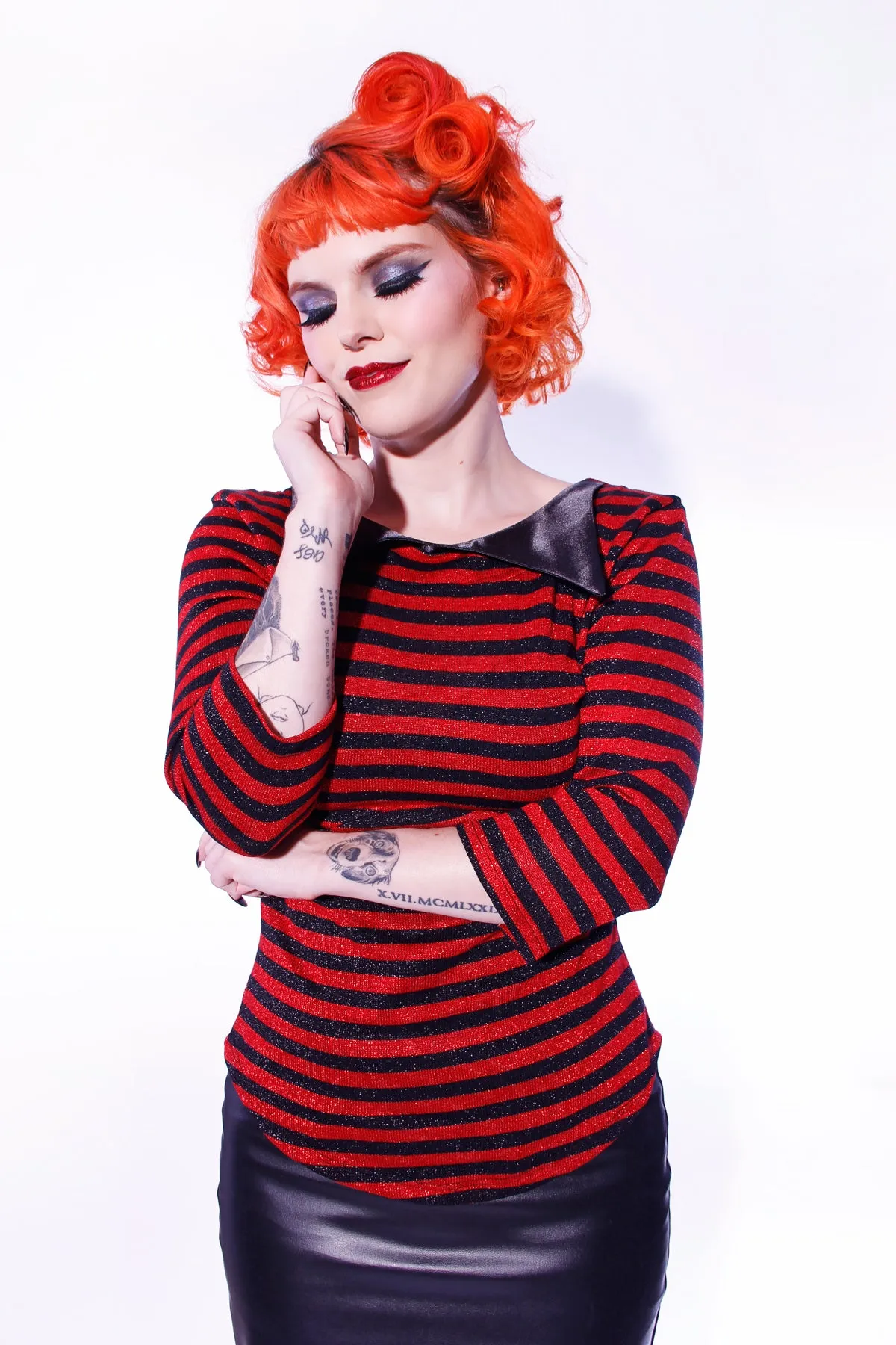 Lurex Striped Knit Collar top