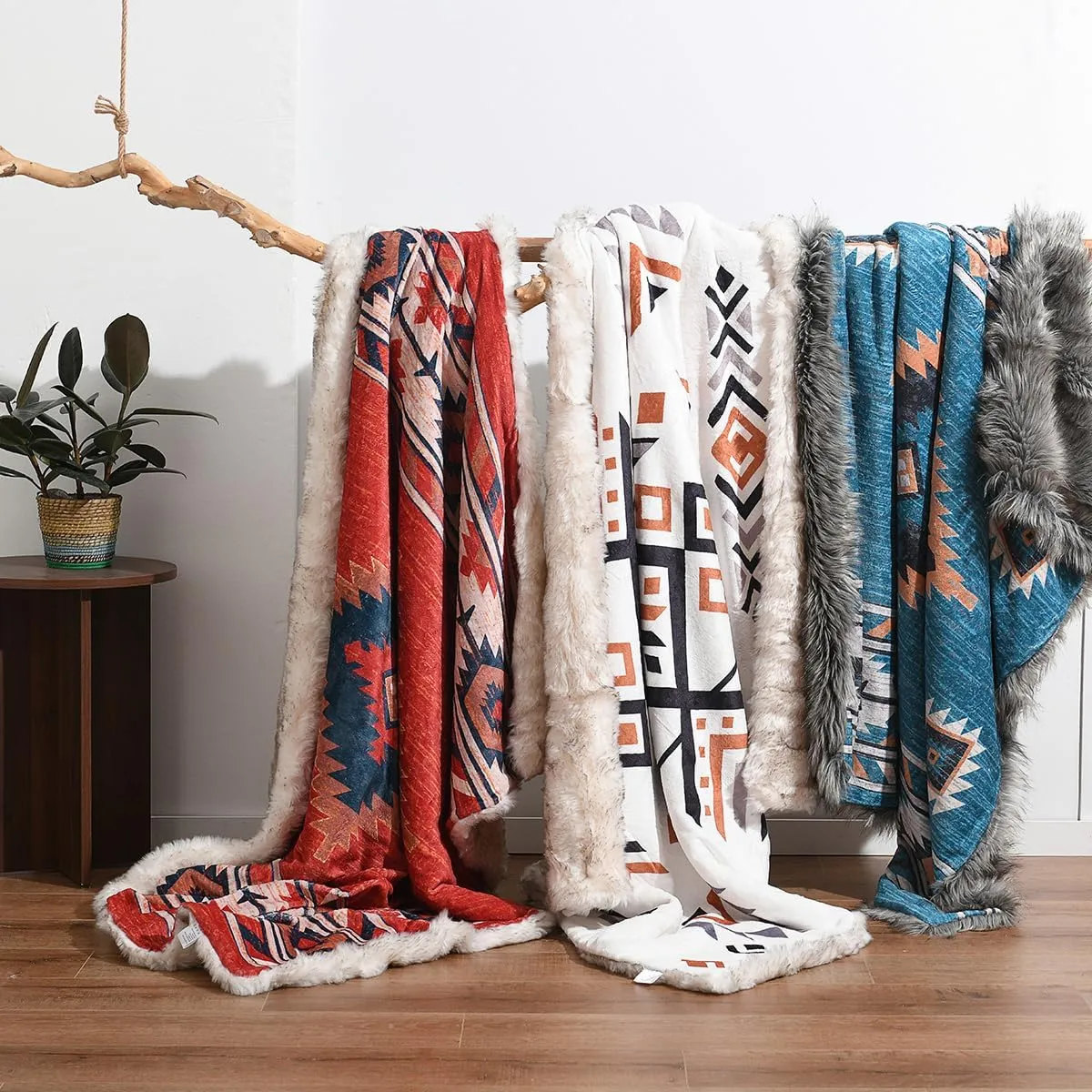 Luxury Plush Faux Fur Throw Blanket with Aztec Pattern, Super Warm, Fuzzy, Elegant, Fluffy Decoration Blanket for Couch, Armchair, Sofa and Bed, 60''x 80'', Red