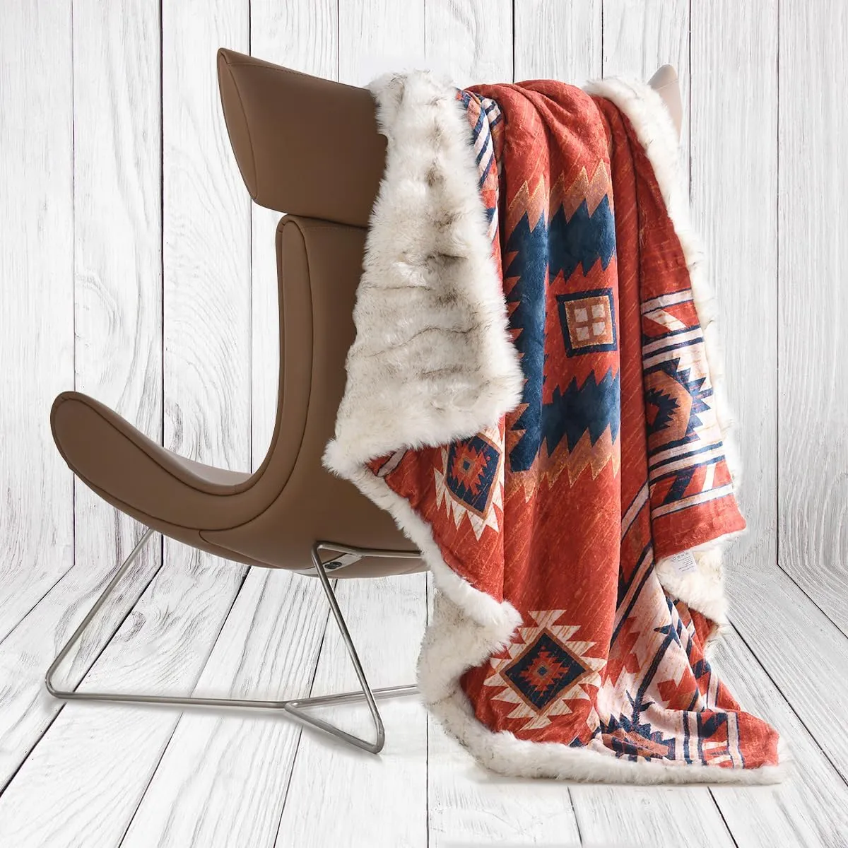 Luxury Plush Faux Fur Throw Blanket with Aztec Pattern, Super Warm, Fuzzy, Elegant, Fluffy Decoration Blanket for Couch, Armchair, Sofa and Bed, 60''x 80'', Red