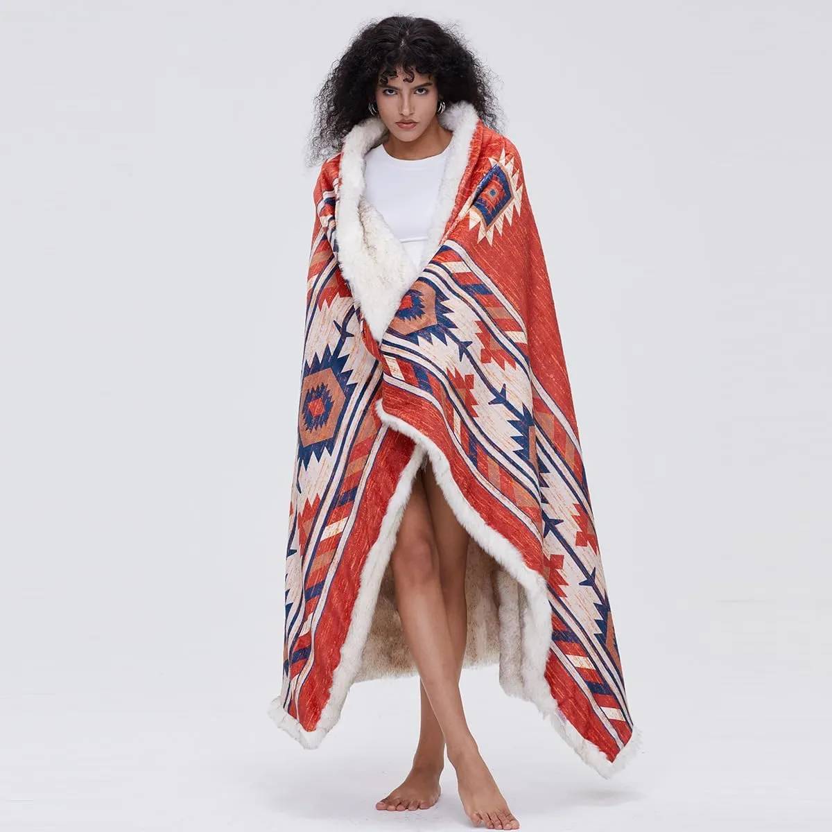 Luxury Plush Faux Fur Throw Blanket with Aztec Pattern, Super Warm, Fuzzy, Elegant, Fluffy Decoration Blanket for Couch, Armchair, Sofa and Bed, 60''x 80'', Red