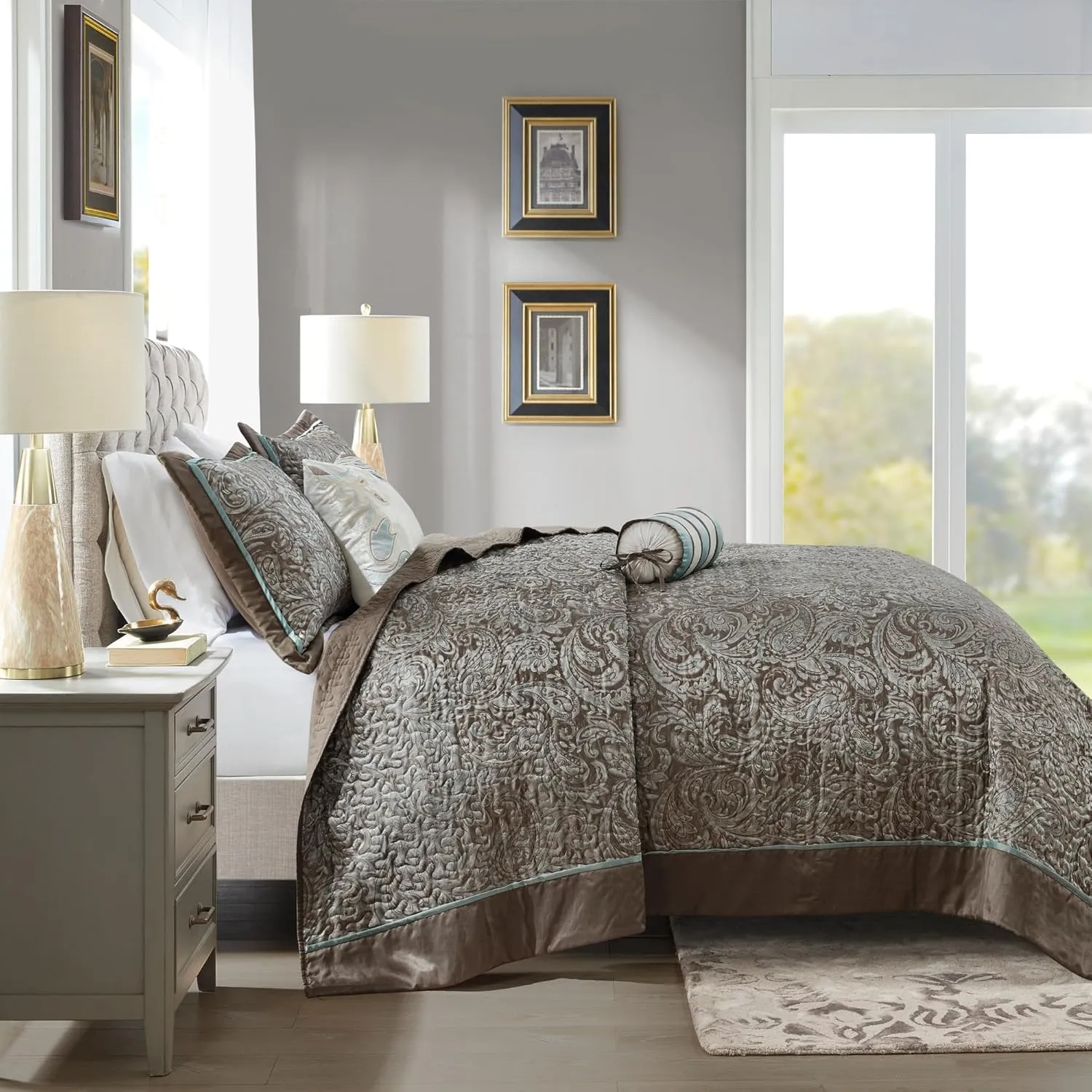 Madison Park Aubrey Reversible Quilted Bedspread Set, Solid Reverse Summer Breathable, Lightweight All Season Bedding Layer, Matching Shams, Bedspread Queen(102"x118"), Blue 5 Piece