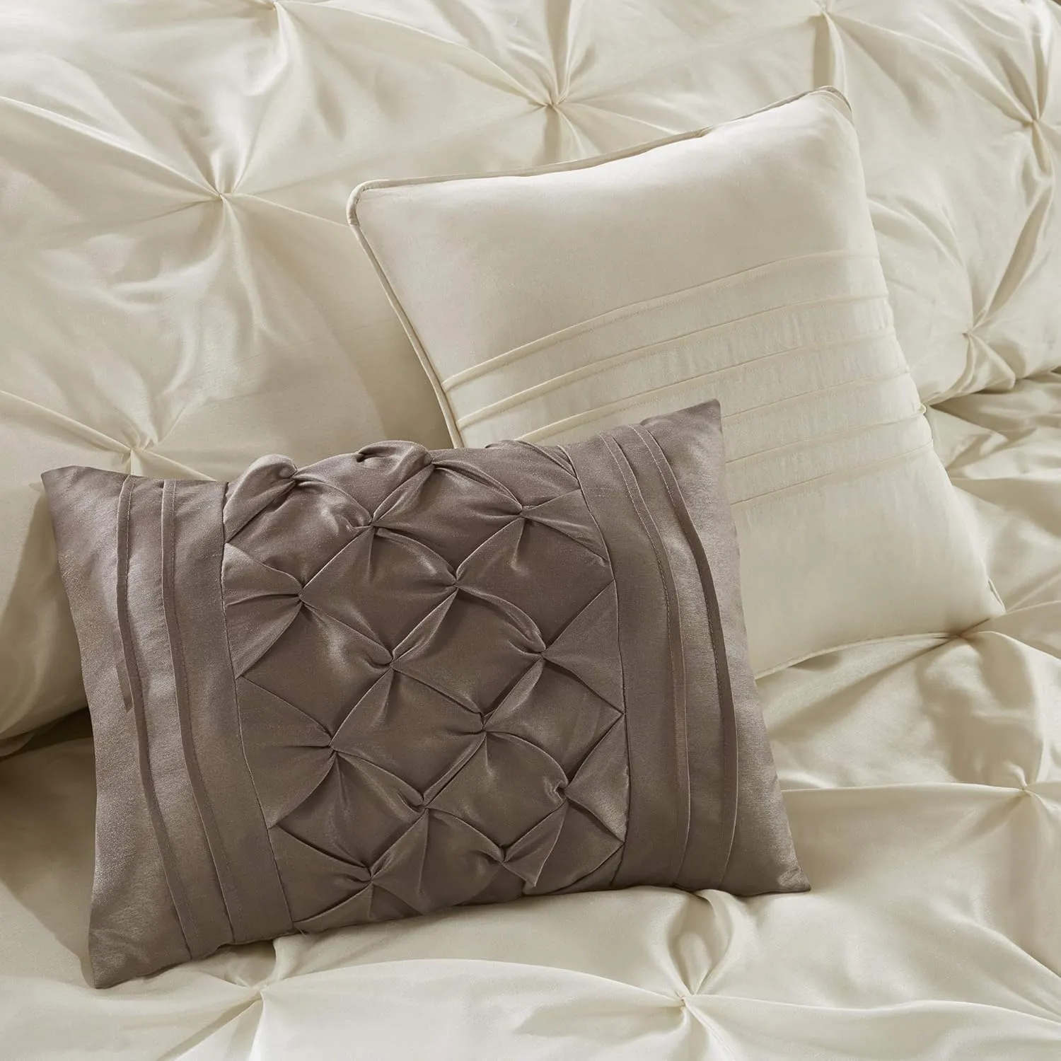 Madison Park Essentials Room in a Bag Faux Silk Comforter Set - Luxe Diamond Tufting All Season Bedding, Matching Curtains, Decorative Pillows, Ivory Cal King(104"x92") 24 Piece