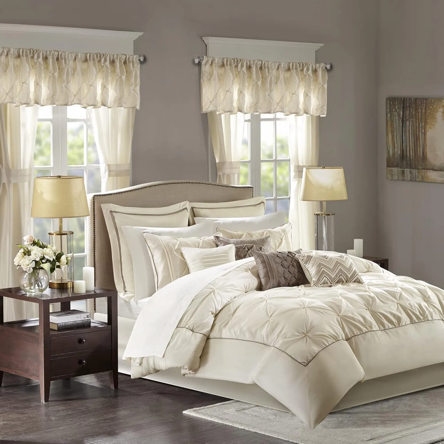 Madison Park Essentials Room in a Bag Faux Silk Comforter Set - Luxe Diamond Tufting All Season Bedding, Matching Curtains, Decorative Pillows, Ivory Cal King(104"x92") 24 Piece