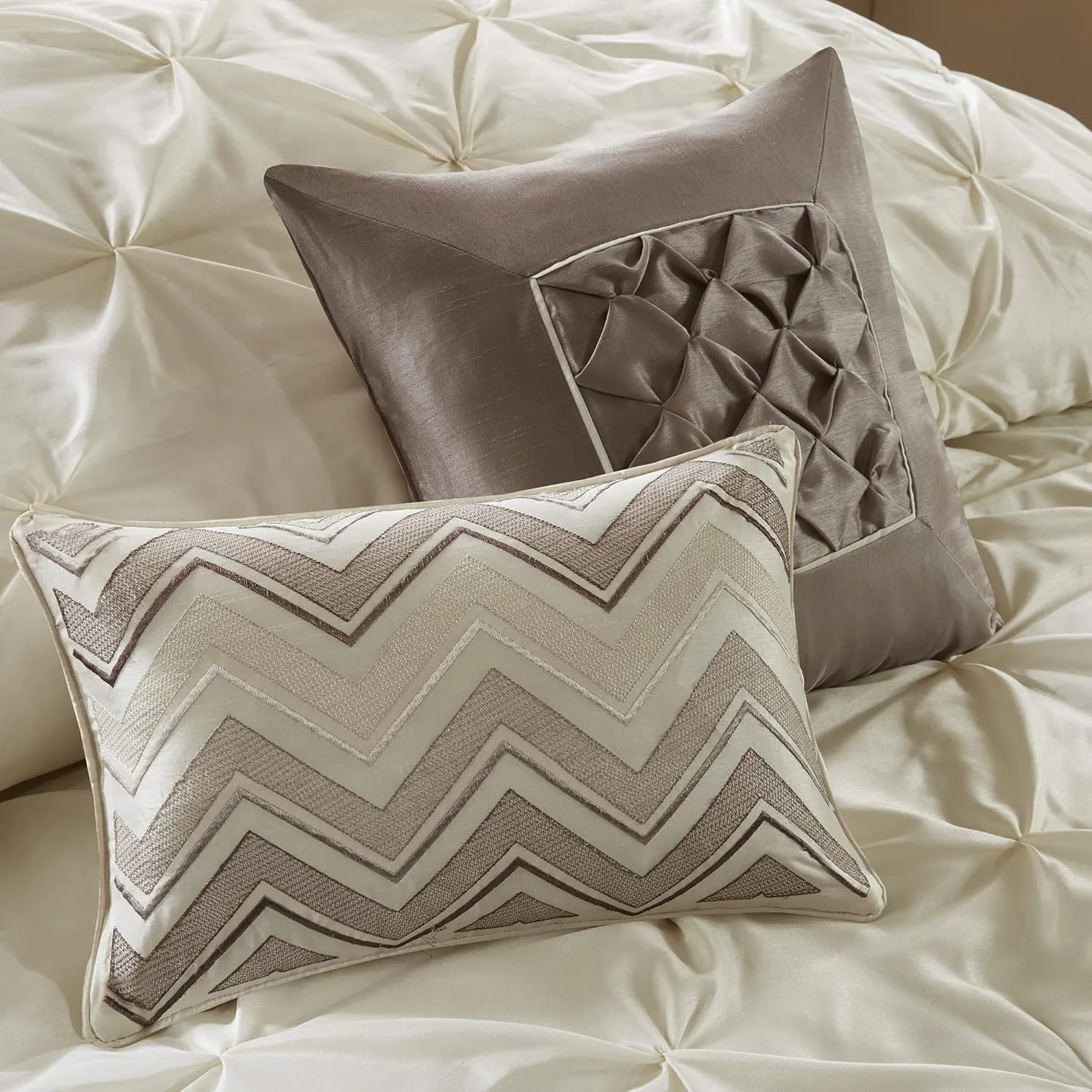 Madison Park Essentials Room in a Bag Faux Silk Comforter Set - Luxe Diamond Tufting All Season Bedding, Matching Curtains, Decorative Pillows, Ivory Cal King(104"x92") 24 Piece