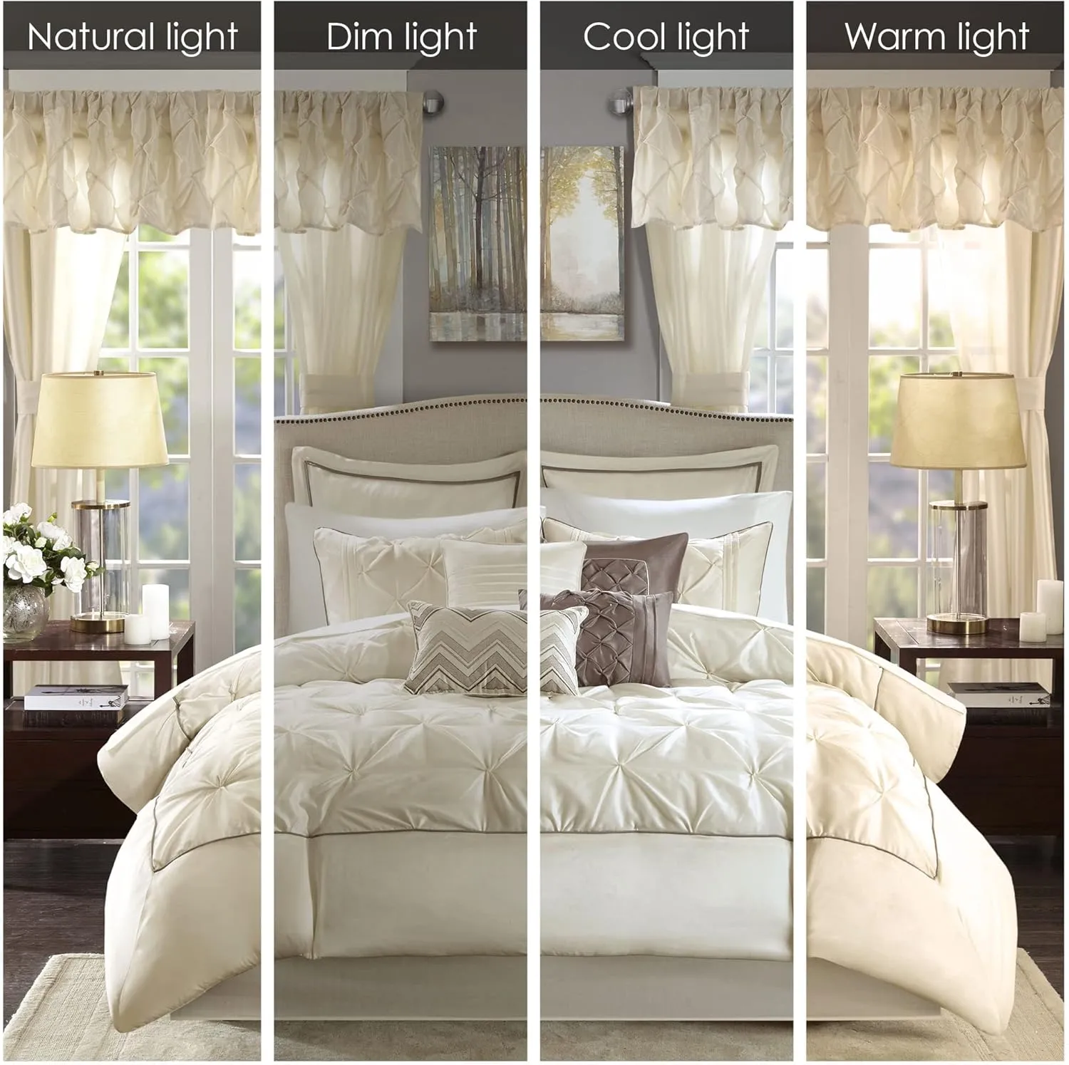 Madison Park Essentials Room in a Bag Faux Silk Comforter Set - Luxe Diamond Tufting All Season Bedding, Matching Curtains, Decorative Pillows, Ivory Cal King(104"x92") 24 Piece