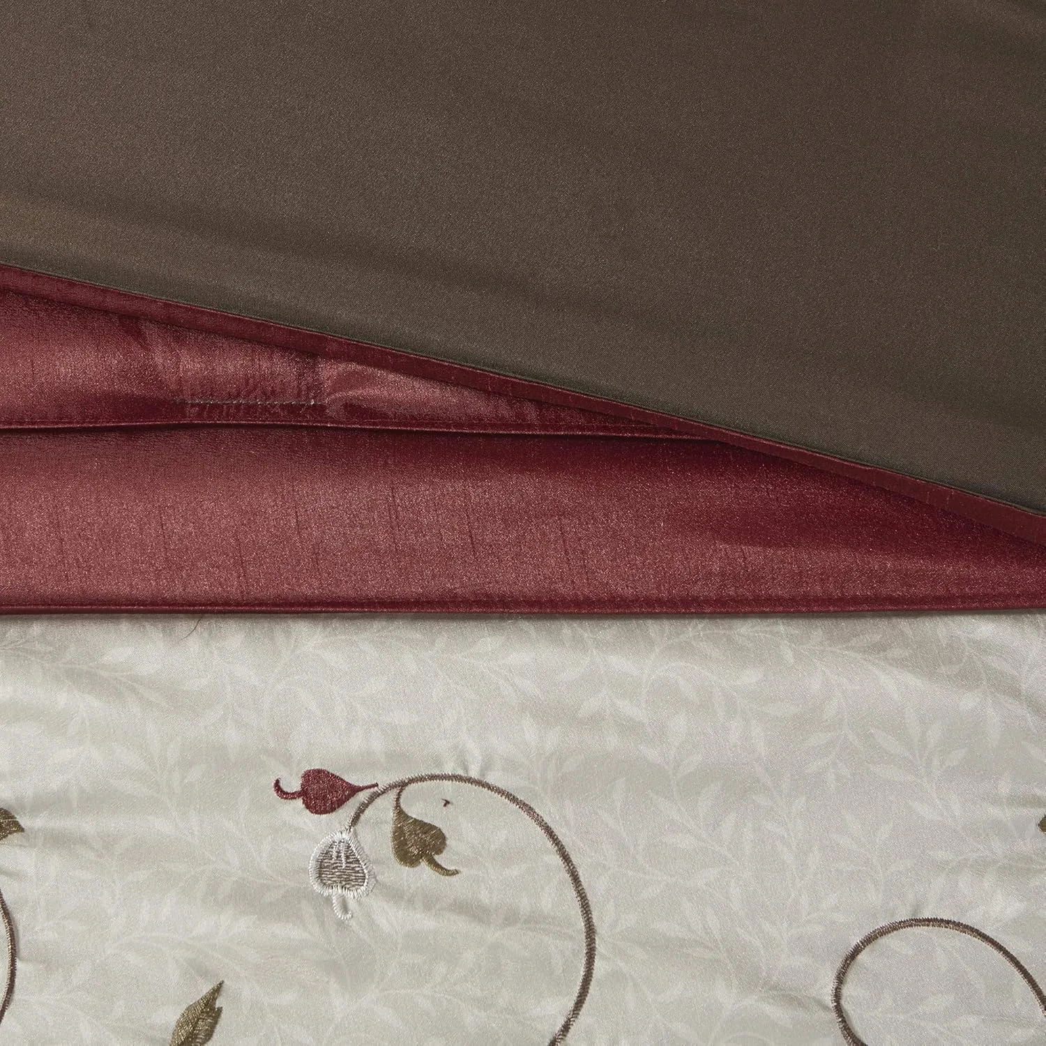 Madison Park Serene Faux Silk Comforter Set - Floral Embroidery Design, All Season Bedding Set, Matching Bed Skirt, Decorative Pillows, Red King(104"x92") 7 Piece