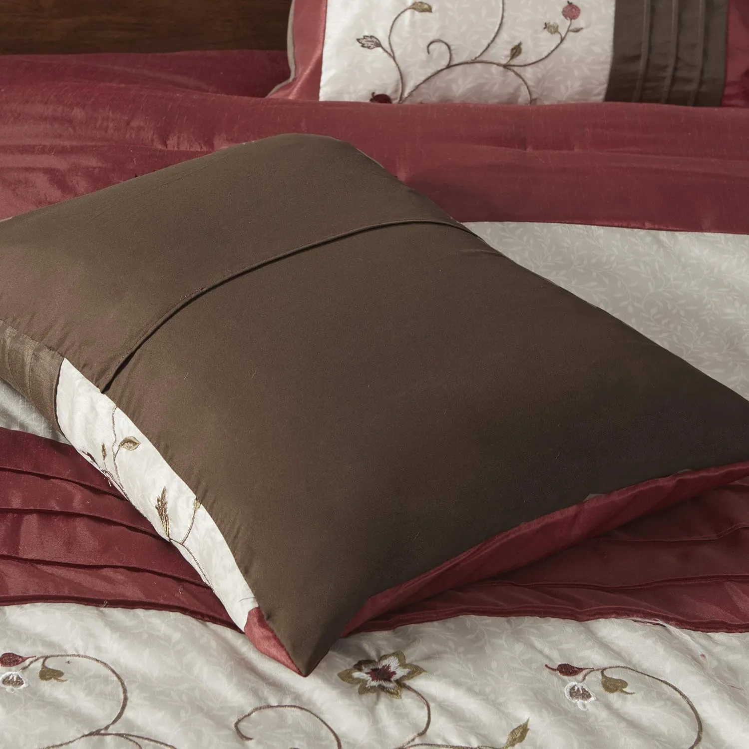 Madison Park Serene Faux Silk Comforter Set - Floral Embroidery Design, All Season Bedding Set, Matching Bed Skirt, Decorative Pillows, Red King(104"x92") 7 Piece