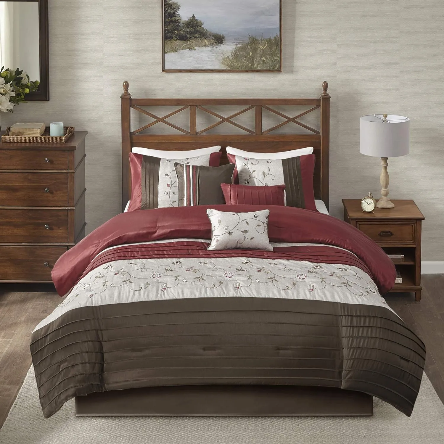 Madison Park Serene Faux Silk Comforter Set - Floral Embroidery Design, All Season Bedding Set, Matching Bed Skirt, Decorative Pillows, Red King(104"x92") 7 Piece
