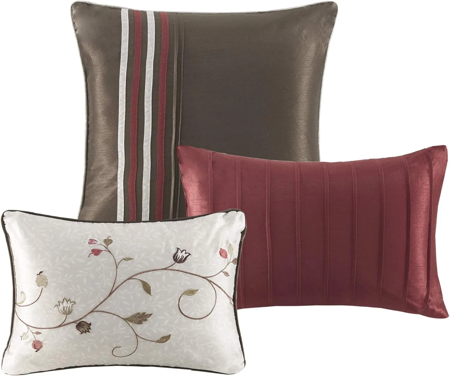 Madison Park Serene Faux Silk Comforter Set - Floral Embroidery Design, All Season Bedding Set, Matching Bed Skirt, Decorative Pillows, Red King(104"x92") 7 Piece