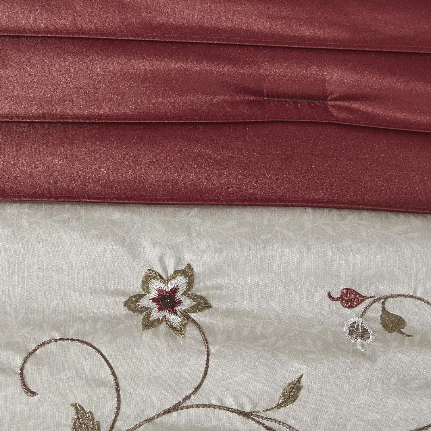 Madison Park Serene Faux Silk Comforter Set - Floral Embroidery Design, All Season Bedding Set, Matching Bed Skirt, Decorative Pillows, Red King(104"x92") 7 Piece