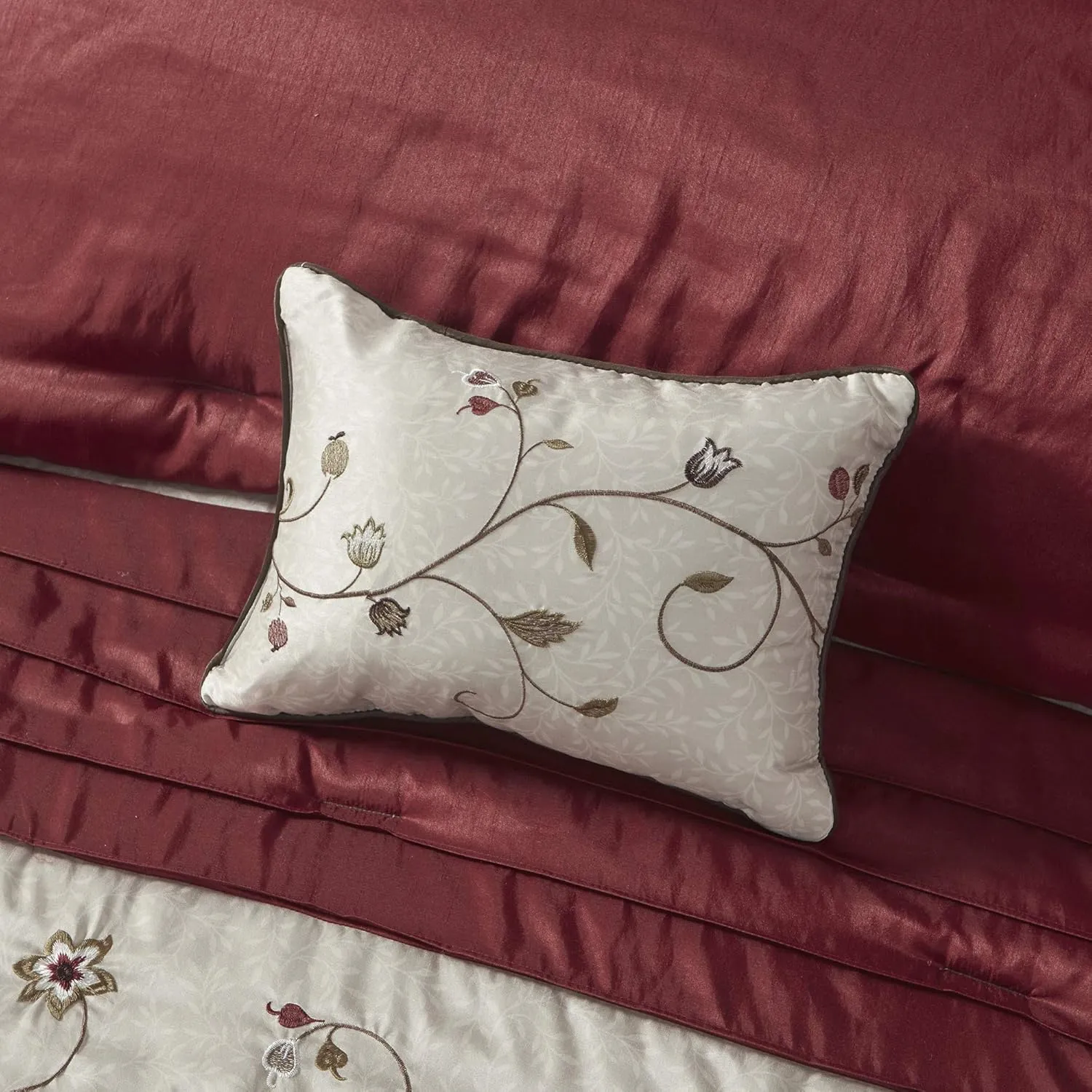 Madison Park Serene Faux Silk Comforter Set - Floral Embroidery Design, All Season Bedding Set, Matching Bed Skirt, Decorative Pillows, Red King(104"x92") 7 Piece