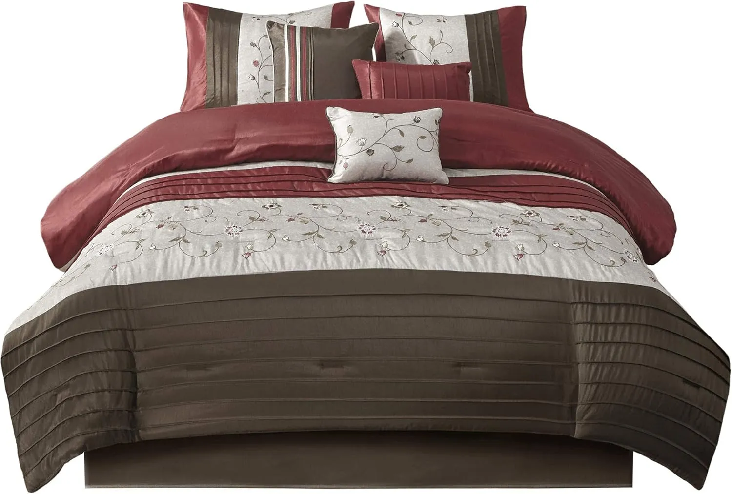 Madison Park Serene Faux Silk Comforter Set - Floral Embroidery Design, All Season Bedding Set, Matching Bed Skirt, Decorative Pillows, Red King(104"x92") 7 Piece