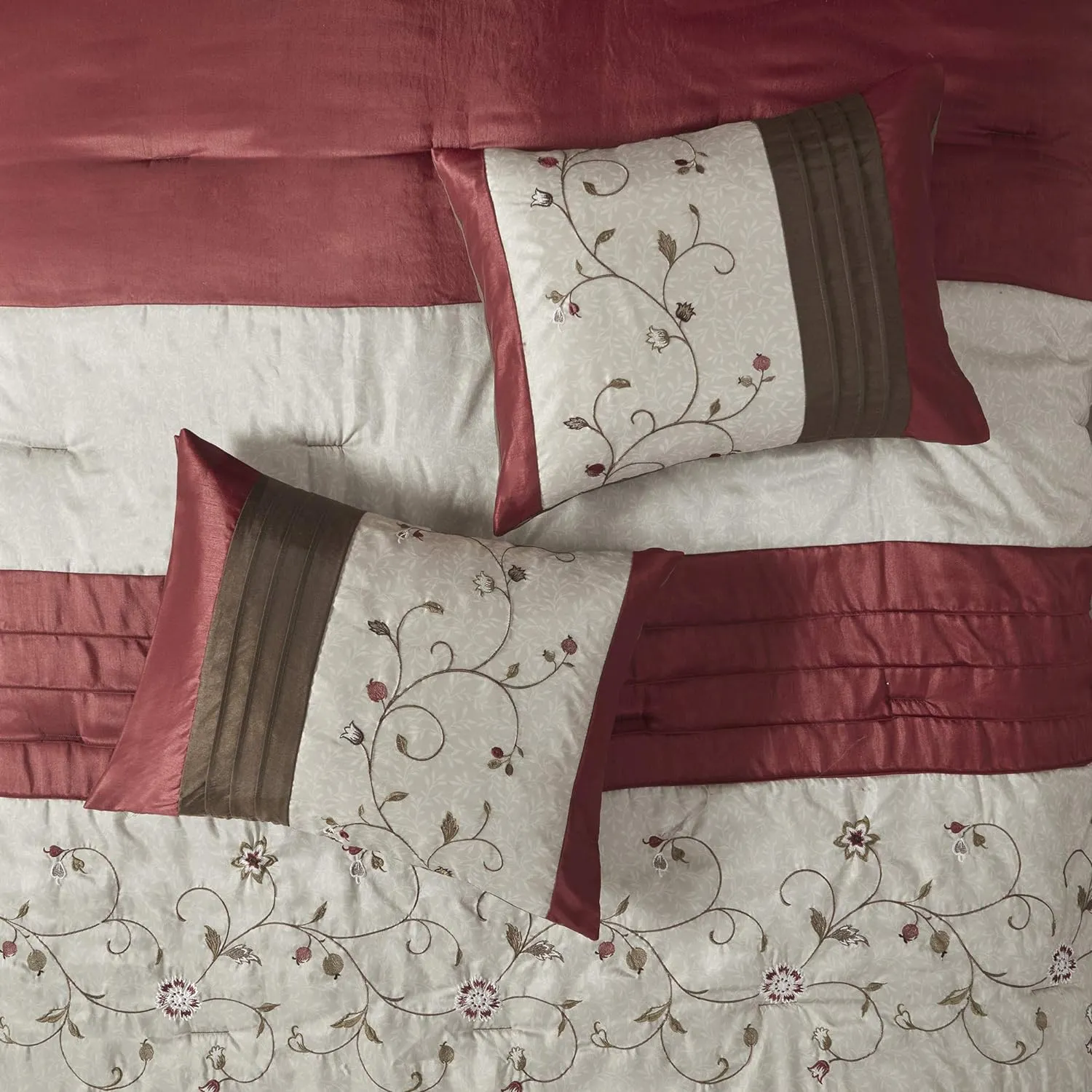 Madison Park Serene Faux Silk Comforter Set - Floral Embroidery Design, All Season Bedding Set, Matching Bed Skirt, Decorative Pillows, Red King(104"x92") 7 Piece