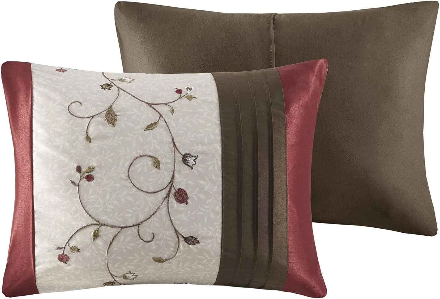 Madison Park Serene Faux Silk Comforter Set - Floral Embroidery Design, All Season Bedding Set, Matching Bed Skirt, Decorative Pillows, Red King(104"x92") 7 Piece