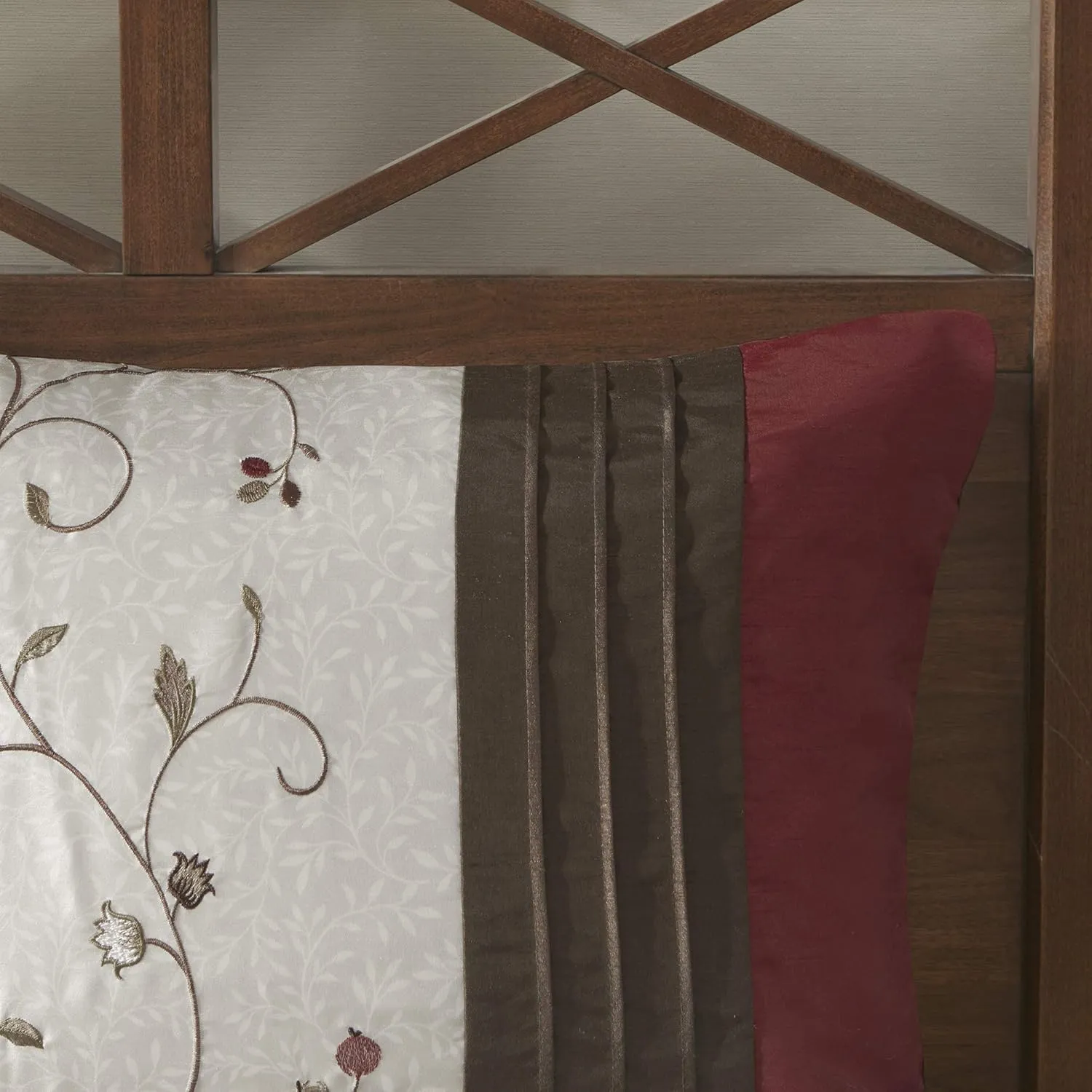 Madison Park Serene Faux Silk Comforter Set - Floral Embroidery Design, All Season Bedding Set, Matching Bed Skirt, Decorative Pillows, Red King(104"x92") 7 Piece