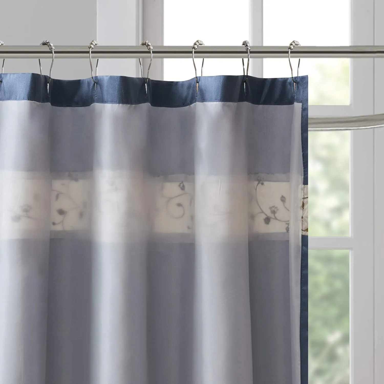 Madison Park Serene Shower Curtain Faux Silk Embroidered Floral Machine Washable Modern Home Bathroom Decorations, 72 x 72 in, Navy