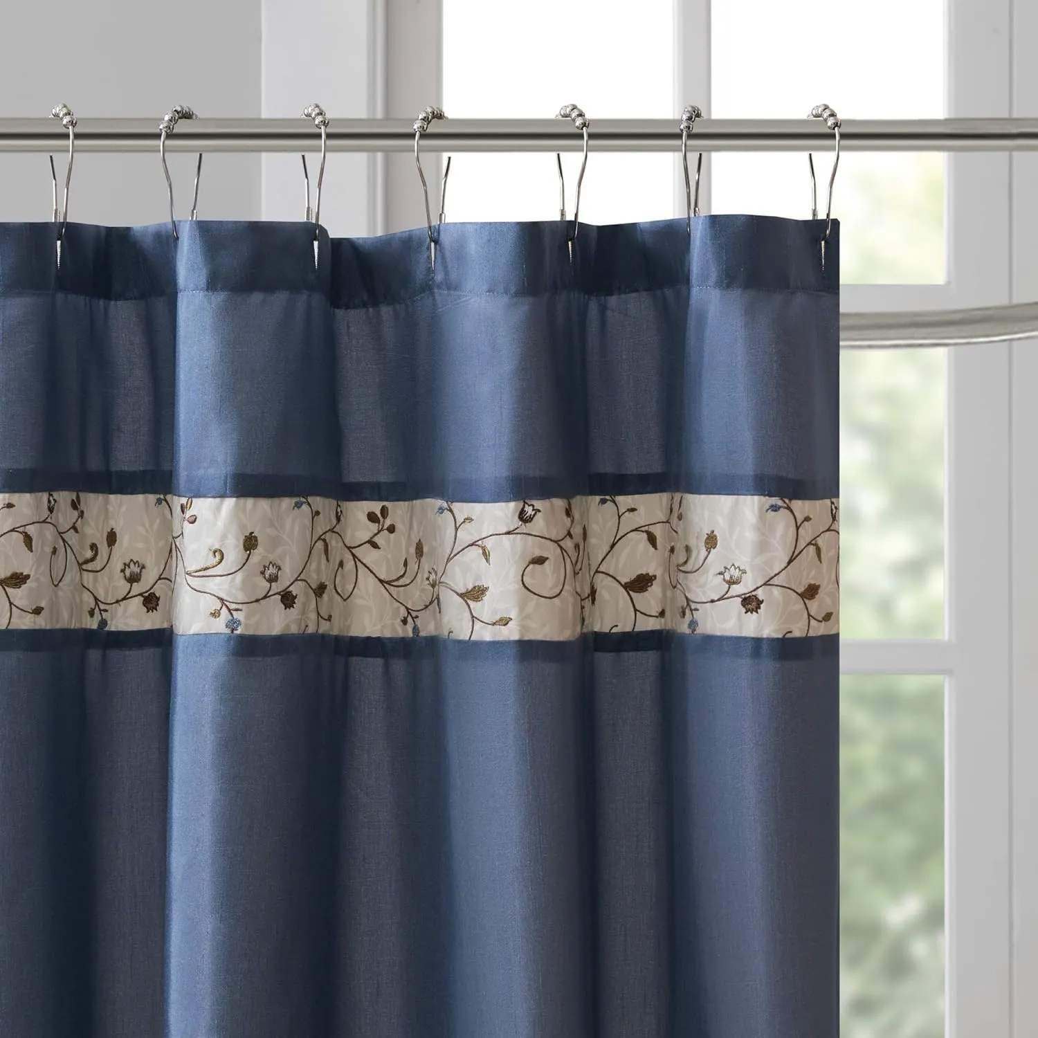 Madison Park Serene Shower Curtain Faux Silk Embroidered Floral Machine Washable Modern Home Bathroom Decorations, 72 x 72 in, Navy