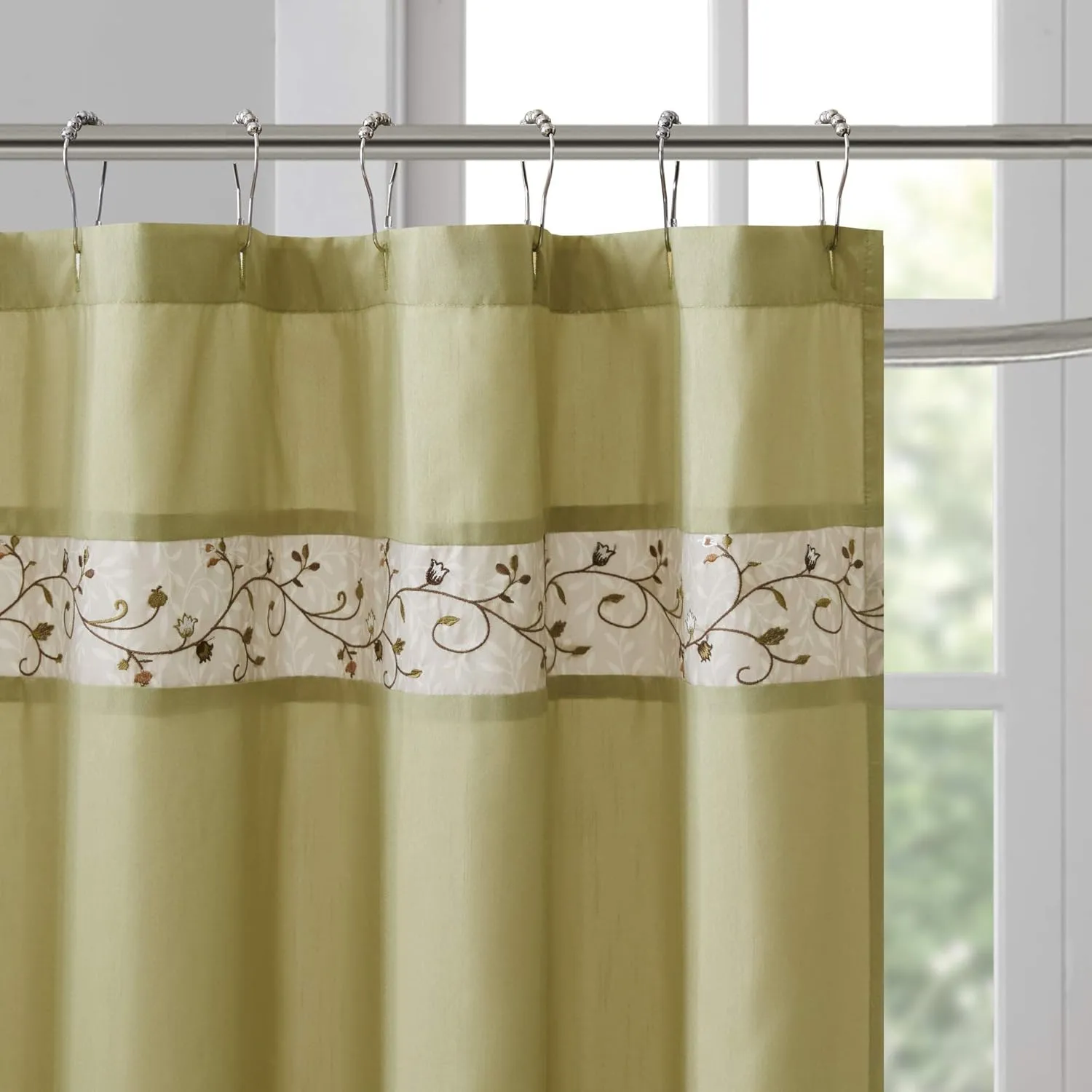 Madison Park Serene Shower Curtain Faux Silk Embroidered Floral Machine Washable Modern Home Bathroom Decorations, 72x72, Green