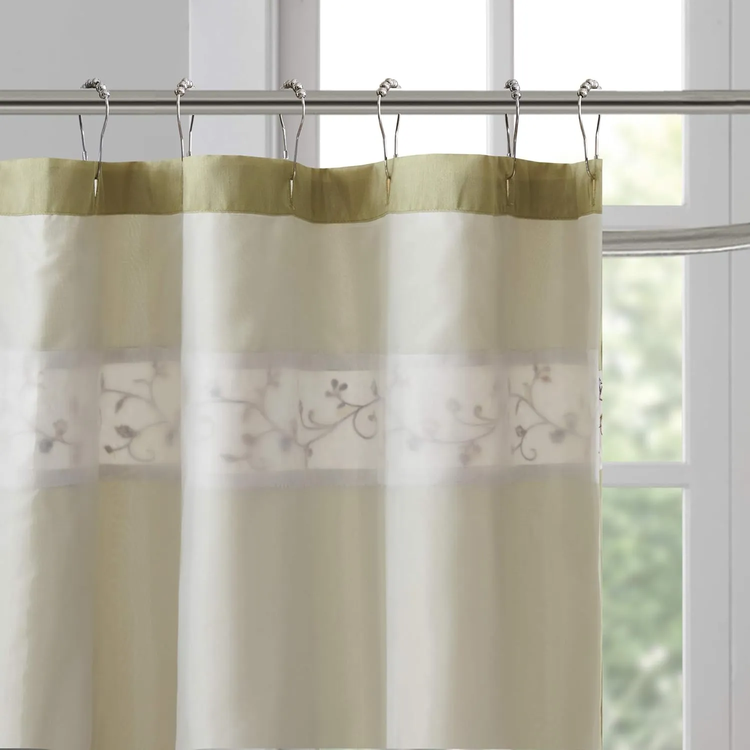 Madison Park Serene Shower Curtain Faux Silk Embroidered Floral Machine Washable Modern Home Bathroom Decorations, 72x72, Green