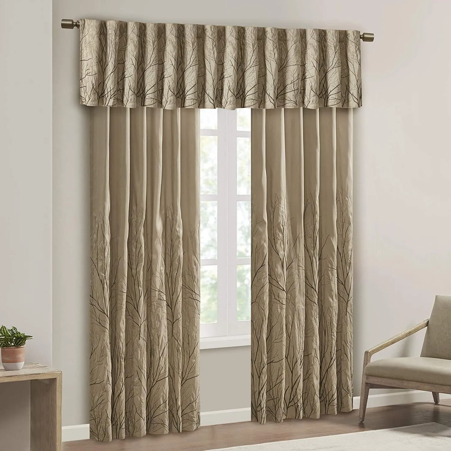 Madison Park Tan Curtains For Living Room , Transitional-Rod Pocket Light Curtains For Bedroom , Andora Embroidered Back Tab Fabric Window Curtains , 50" x 84", 1-Panel Pack